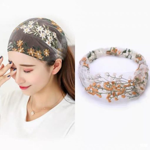 Mỏng thêu khăn xếp tóc nữ bao phủ tóc trắng vành rộng thời trang rộng ren bộ nén tóc dây buộc tóc phụ kiện tóc - Ảnh 2