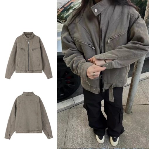 Áo khoác nam VUNC xu hướng retro Mỹ áo khoác denim ngắn giặt màu xám nam - Ảnh 2