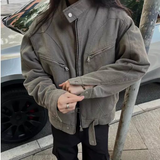 Áo khoác nam VUNC xu hướng retro Mỹ áo khoác denim ngắn giặt màu xám nam - Ảnh 3