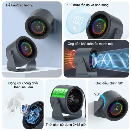 GOOJODOQ 2025 Quạt tốc độ cao để bàn 2 trong 1 mới Quạt gió 100 tốc độ Màn hình kỹ thuật số LED quạt turbo có thể điều chỉnh Đèn chiếu sáng RGB - Ảnh 3