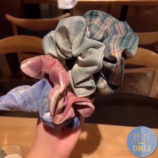Cột Tóc Vải Scrunchies Họa Tiết Caro Vintage Hàn Quốc, Dây Buộc Tóc Scrunchies Cứng