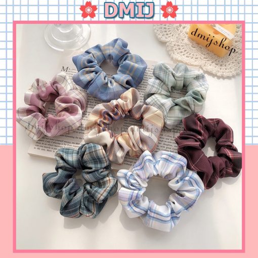 Cột Tóc Vải Scrunchies Họa Tiết Caro Vintage Hàn Quốc, Dây Buộc Tóc Scrunchies Cứng - Ảnh 2