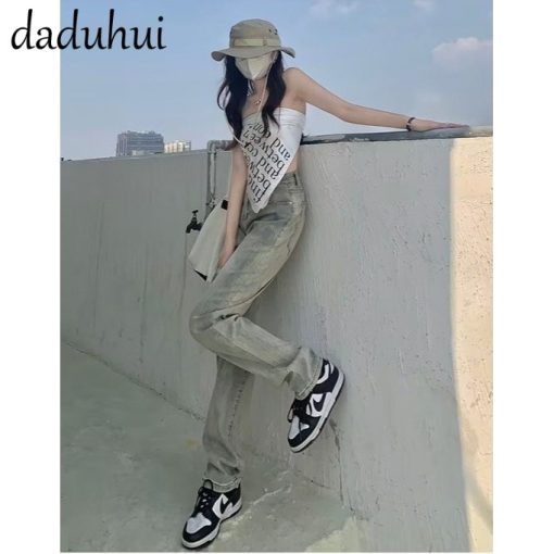 Daduhui New American style high street retro yellow mud jeans high waist slim straight pants large size trousers - Ảnh 4