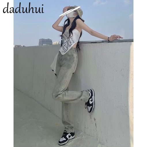 Daduhui New American style high street retro yellow mud jeans high waist slim straight pants large size trousers - Ảnh 6