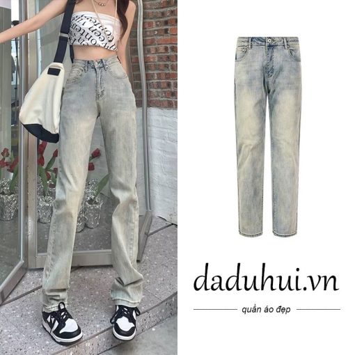 Daduhui New American style high street retro yellow mud jeans high waist slim straight pants large size trousers - Ảnh 2