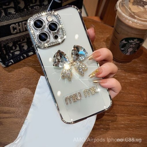 Ốp điện thoại hình nơ kim cương mạ điện cho iPhone 11 12 13 14 15 16 Pro Max 15 16 Plus Vỏ bảo vệ điện thoại TPU mềm bảo vệ ống kính chống rơi - Ảnh 2