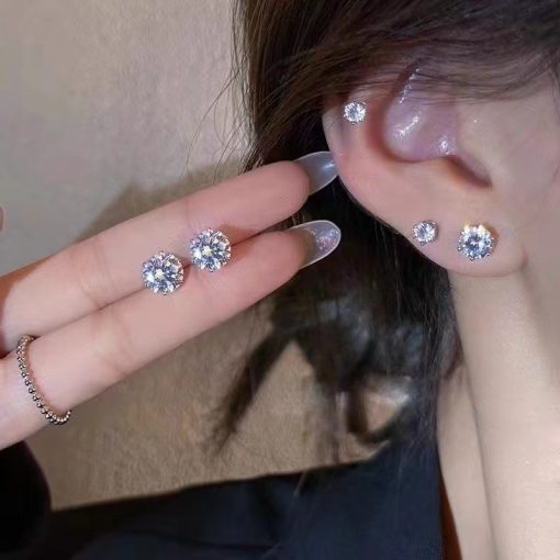 S925 Bạc Kim Zircon Mini Tươi Và Đơn Giản Sinh Viên Nước Trắng Kim Cương Bông Tai Kim Cương Khỏa Thân Cho Nam Nữ Phụ Kiện Thời Trang Bông Tai - Ảnh 3