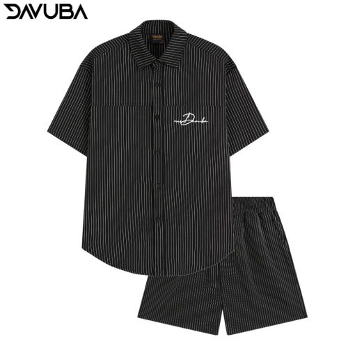 Bộ quần áo DAVUBA kẻ sọc cộc tay nam nữ logo thêu SM130 - Ảnh 4