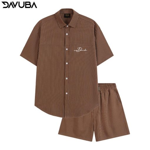 Bộ quần áo DAVUBA kẻ sọc cộc tay nam nữ logo thêu SM130 - Ảnh 5
