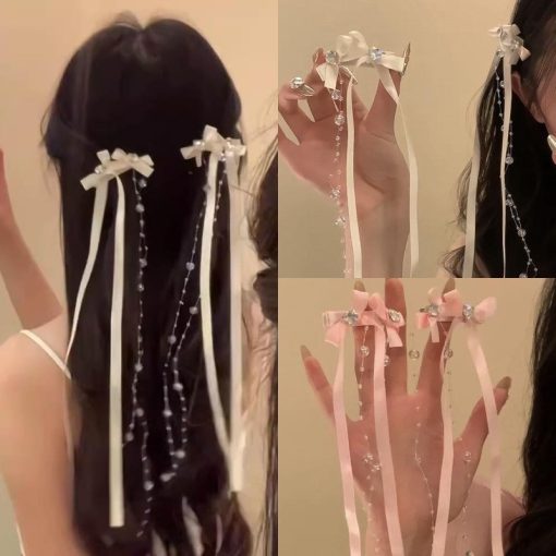 Hàn Quốc Ngọt Nơ Ruy Băng Tóc Ngọc Trai Tua Rua Mỏ Vịt Kẹp Phụ Kiện Tóc Thời Trang Cho Nữ - Ảnh 3