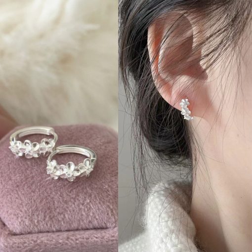 S925 Mạ Bạc Camellia Khóa Tai Bông Tai Xương Tai Bông Tai Khuyên Tai Rọc Nước Trang Sức Phụ Kiện - Ảnh 3