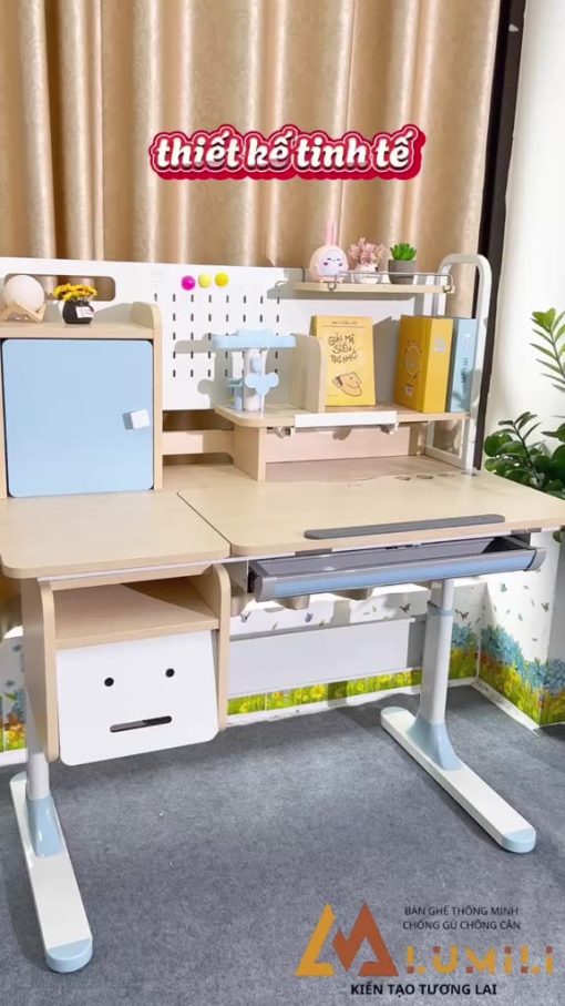 Bàn học chống gù thông minh trẻ em Lumili 310 gỗ tự nhiên cao cấp, bàn ngồi học cho bé 120cm