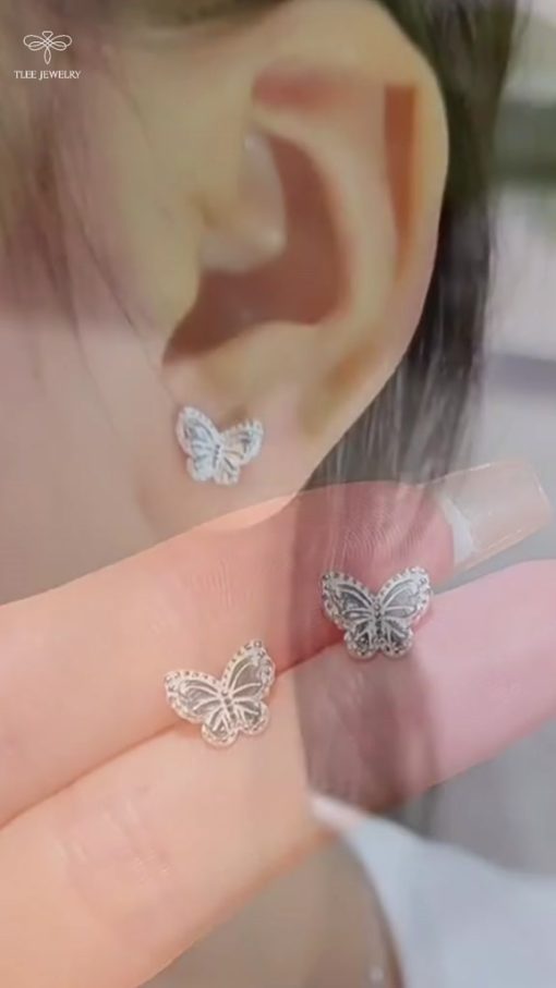 Khuyên tai bạc nữ TLEE cánh hồ điệp đôi cách điệu viền hạt chốt ren bi xinh xắn TLEE JEWELRY B0448