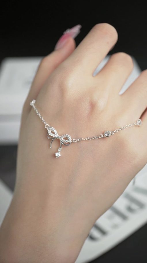 Lắc tay bạc nữ TLEE, vòng tay nơ treo hạt đá nhẩy lấp lánh TLEE JEWELRY LT0214