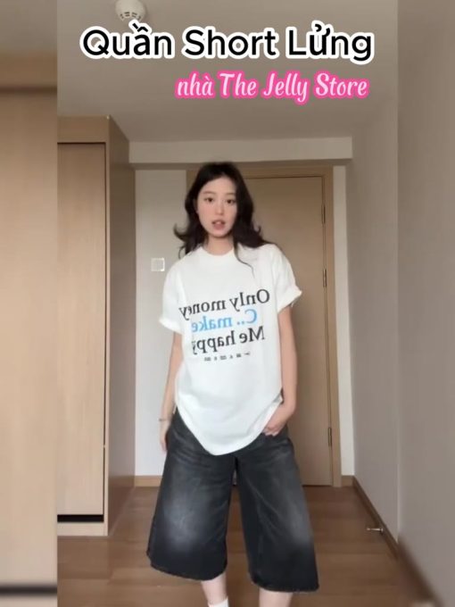 Quần jean lửng nữ ống rộng Jelly quần bò lửng D001 quần short jean cạp cao dài qua gối trend 2025