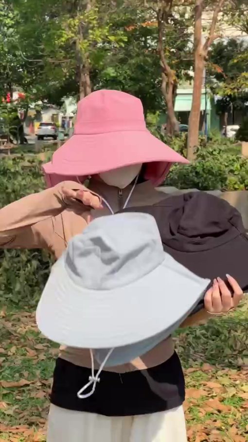Mũ chống nắng nam nữ vành rộng che gáy có dây rút chất vải cotton mát thời trang AH1988