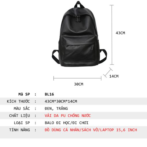 Balo da pu nam nữ GENBAG balo ulzzang chống nước trơn đi học đi chơi basic thời trang hàn quốc BL16 - Ảnh 4