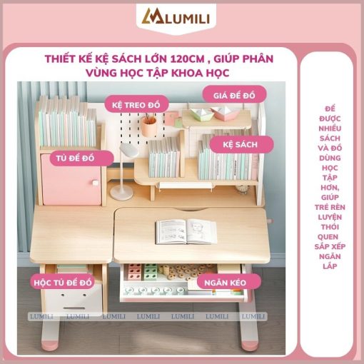 [ Miễn phí vận chuyển 100%] Bàn học cho bé thông minh chống gù chống cận Lumili 310 cao cấp mặt gỗ tự nhiên - Ảnh 4