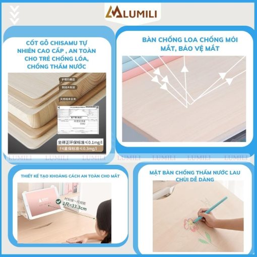 Bàn học chống gù thông minh trẻ em Lumili 310 gỗ tự nhiên cao cấp, bàn ngồi học cho bé 120cm - Ảnh 5