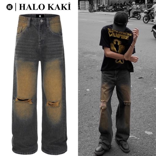 QUẦN JEANS BAGGY WASH NÂU VÀNG RÁCH/TRƠN - QUẦN JEANS WASH (NÂU VÀNG) VINTAGE RÁCH GỐI ỐNG RỘNG PHỦ GÓT  - HALO KAKI - Ảnh 2