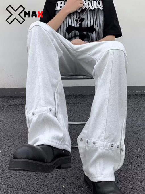 Quần jean kaki nam ống loe phối cúc bấm Buttons Pants unisex jean Maxstore phá cách phong cách B105 - Ảnh 4