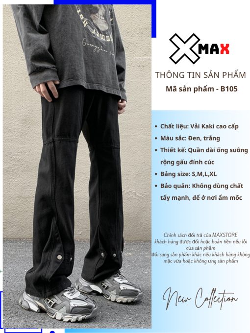 Quần jean kaki nam ống loe phối cúc bấm Buttons Pants unisex jean Maxstore phá cách phong cách B105 - Ảnh 3