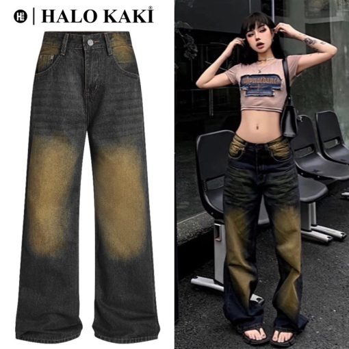 QUẦN JEANS BAGGY WASH NÂU VÀNG RÁCH/TRƠN - QUẦN JEANS WASH (NÂU VÀNG) VINTAGE RÁCH GỐI ỐNG RỘNG PHỦ GÓT  - HALO KAKI - Ảnh 3