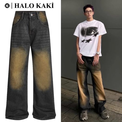 QUẦN JEANS BAGGY WASH NÂU VÀNG RÁCH/TRƠN - QUẦN JEANS WASH (NÂU VÀNG) VINTAGE RÁCH GỐI ỐNG RỘNG PHỦ GÓT  - HALO KAKI - Ảnh 5