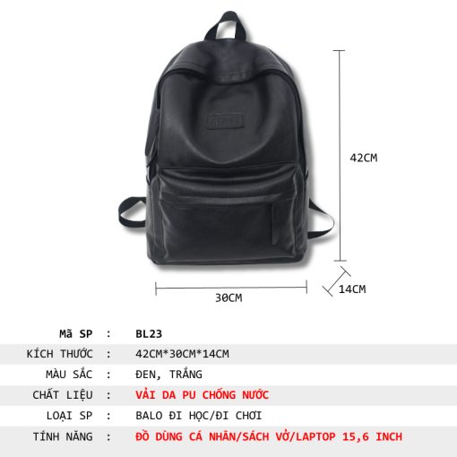Balo da nữ đi học GENBAG balo da pu nam nữ ulzzang chống thấm nước basic trơn đựng laptop 15,6 inch BL23 - Ảnh 3