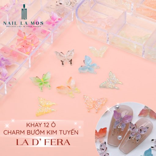 Khay 12 ô charm bướm trang trí kim tuyến La D’ Fera chính hãng - Charm butterfly phản quang ánh sáng trang trí móng nail - Ảnh 3