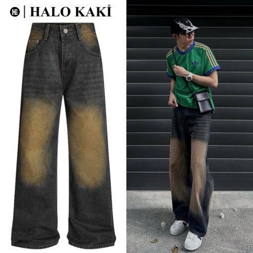 QUẦN JEANS BAGGY WASH NÂU VÀNG RÁCH/TRƠN - QUẦN JEANS WASH (NÂU VÀNG) VINTAGE RÁCH GỐI ỐNG RỘNG PHỦ GÓT  - HALO KAKI - Ảnh 4