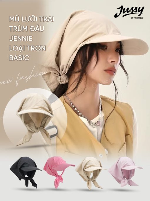 Mũ Lưỡi Trai Trùm Đầu Jennie Loại Trơn Basic Jussy Official Kiểu Nón Kèm Khăn Trùm Đầu Đa Năng Tạo Nhiều Kiểu Dễ Thương - Ảnh 2