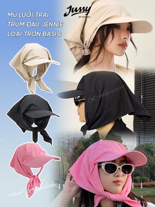 Mũ Lưỡi Trai Trùm Đầu Jennie Loại Trơn Basic Jussy Official Kiểu Nón Kèm Khăn Trùm Đầu Đa Năng Tạo Nhiều Kiểu Dễ Thương - Ảnh 3