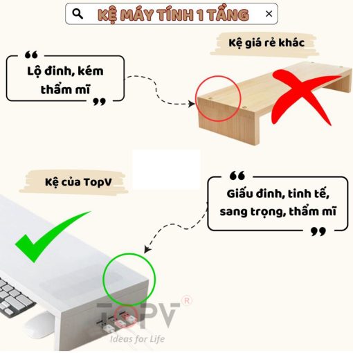 Kệ máy tính gỗ TopV để bàn giá đỡ laptop nâng pc 1 2 tầng trắng kệ màn hình decor bàn học kê vi tính TopV Home - Ảnh 4