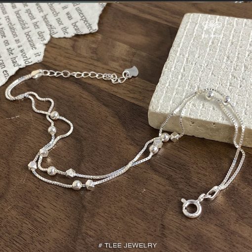 Lắc chân bạc nữ TLEE, vòng chân kép mix charm bi lục giác cá tính TLEE JEWELRY LC0128 - Ảnh 2