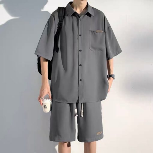 Set bộ quần áo sơ mi đũi chất cotton đũi cao cấp, Áo cộc tay lỡ unisex basic, Full logo tag, hợp mọi thời đại - Ảnh 4