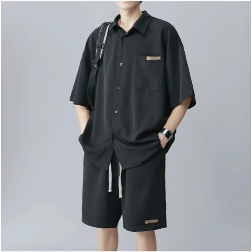 Set bộ quần áo sơ mi đũi chất cotton đũi cao cấp, Áo cộc tay lỡ unisex basic, Full logo tag, hợp mọi thời đại - Ảnh 3