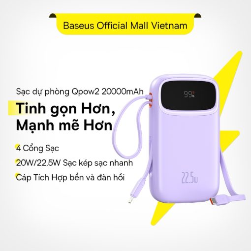 Sạc Dự Phòng Hai Đầu Dây Baseus 20000mAh PD 22.5W TypeC &IP 2 Cổng Tiện Dụng Cho iP 15 14 13 Samsung Điện Thoại - Ảnh 2