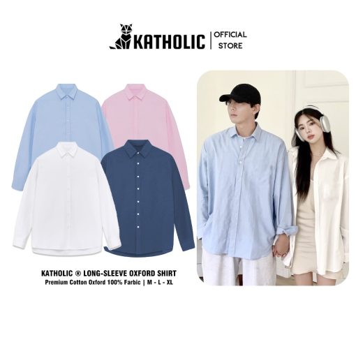 Áo Sơ Mi Trơn Tay Dài Nam Nữ Hàn Quốc Local Brand KATHOLIC Chất Liệu Oxford Form Rộng 3 Màu Trắng, Hồng, Xanh KAT019 - Ảnh 2