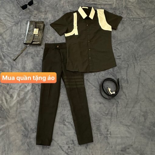Sét quần tây âu 4 xọc trắng + sơ mi màu đen tay ngắn chất lụa cao cấp mềm mát - Ảnh 3