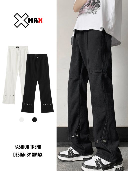 Quần jean kaki nam ống loe phối cúc bấm Buttons Pants unisex jean Maxstore phá cách phong cách B105 - Ảnh 2