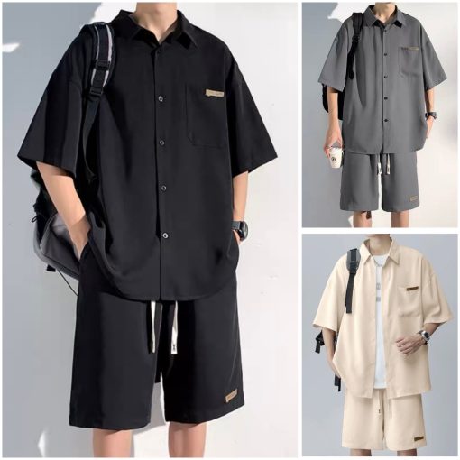 Set bộ quần áo sơ mi đũi chất cotton đũi cao cấp, Áo cộc tay lỡ unisex basic, Full logo tag, hợp mọi thời đại - Ảnh 2