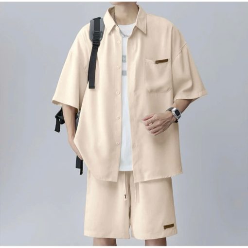 Set bộ quần áo sơ mi đũi chất cotton đũi cao cấp, Áo cộc tay lỡ unisex basic, Full logo tag, hợp mọi thời đại - Ảnh 5