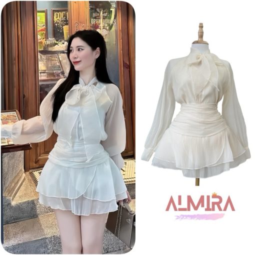 Sét Váy Nữ Almira Tơ Xốp Gồm Áo Sơ Mi Nơ Cổ + Chân Váy Xoè Nhún Tầng - Ảnh 2