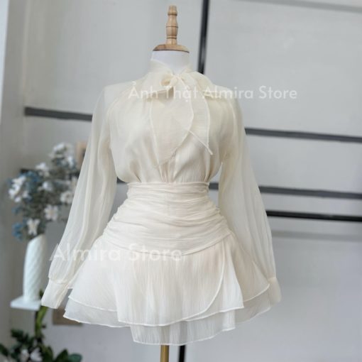 Sét Váy Nữ Almira Tơ Xốp Gồm Áo Sơ Mi Nơ Cổ + Chân Váy Xoè Nhún Tầng - Ảnh 4