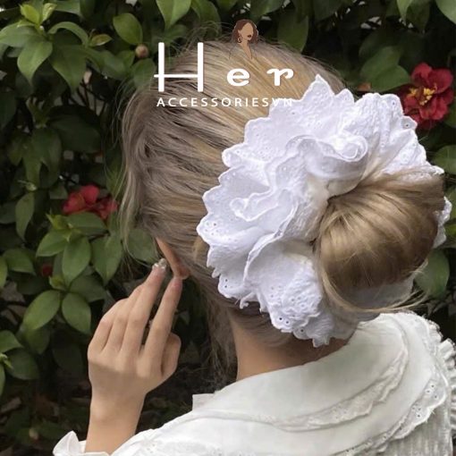 Dây buộc tóc scrunchies to phồng ren trắng nơ cao cấp, Dây cột tóc nơ ren dễ thương sang trọng Her Accessories - Ảnh 2