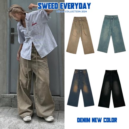 Quần jean ống rộng nam nữ - PRESET WASH LOOSE PLEAT PANTS - Ảnh 2