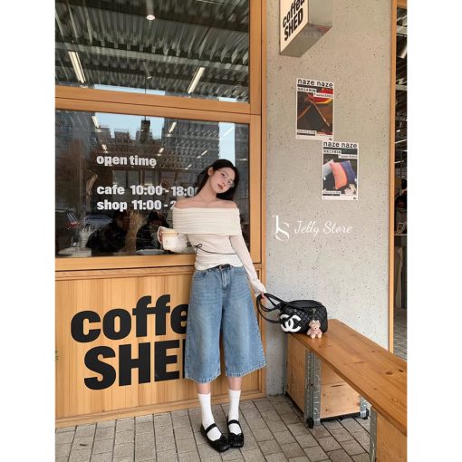 Quần jean lửng nữ ống rộng Jelly quần bò lửng D001 quần short jean cạp cao dài qua gối trend 2025 - Ảnh 5