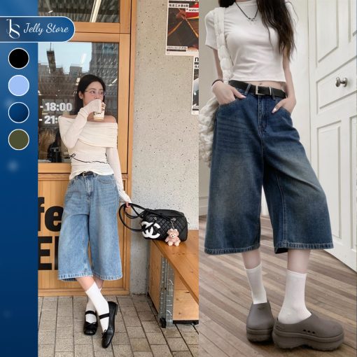 Quần jean lửng nữ ống rộng Jelly quần bò lửng D001 quần short jean cạp cao dài qua gối trend 2025 - Ảnh 2