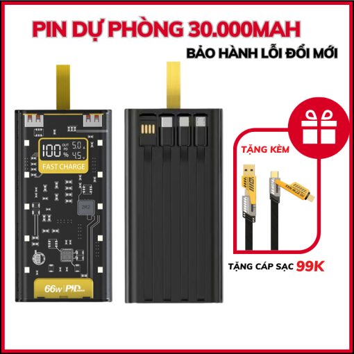 Sạc Dự Phòng Trong Suốt 30000ᴍᴀʜ Với 2 Cổng Sạc Nhanh 22.5w và 20W Kèm 4 Đầu Sạc Màn Hình LED TENZATEK - Ảnh 3